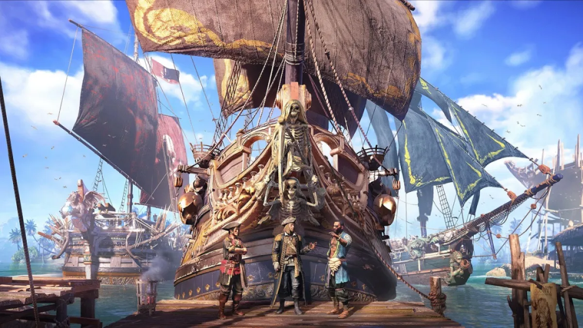 Изображение пиратских кораблей, пришвартованных к пирсу, с тремя пиратами, стоящими в доках, на картине «Череп и кости». Это изображение — часть статьи о том, где и как достать лом в Skull & Bones.