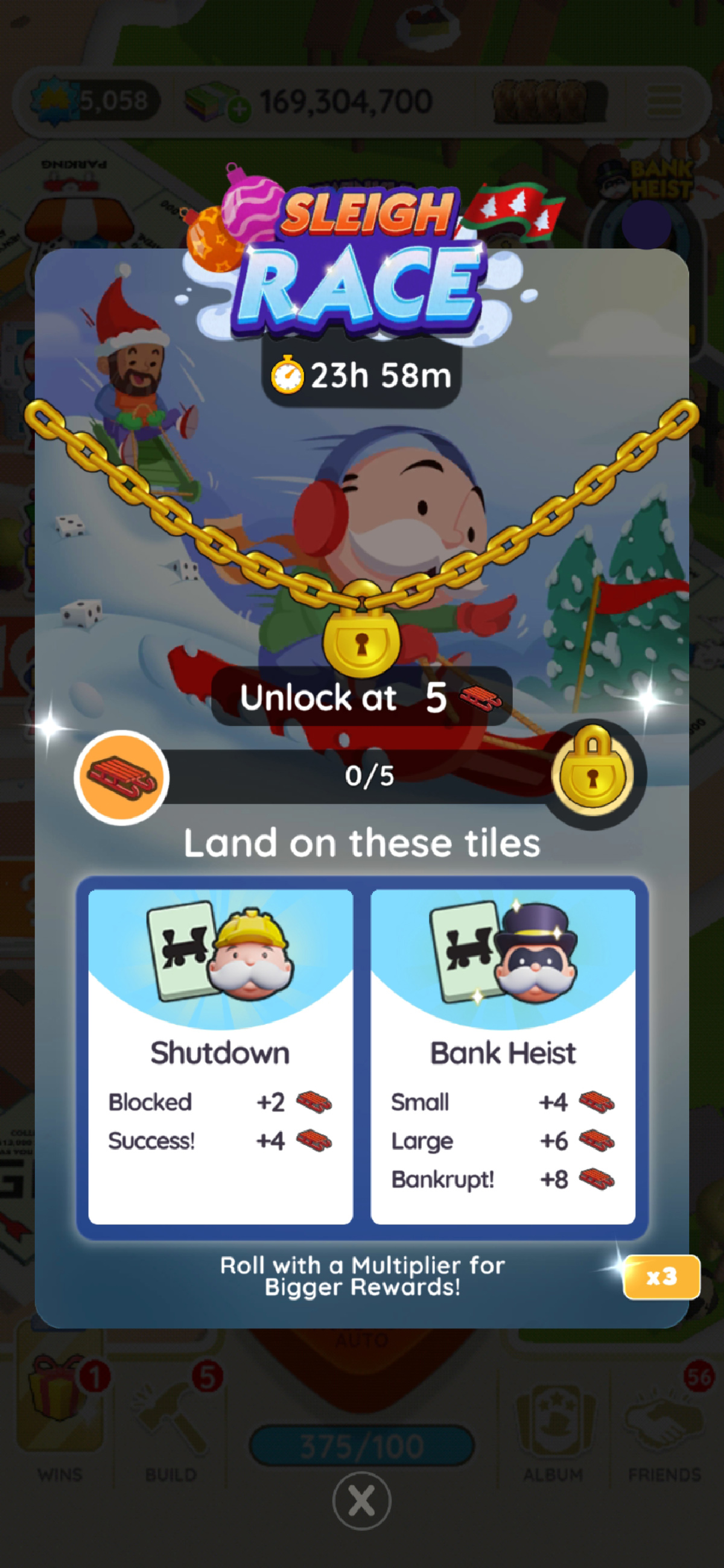 A full-size image for Sleigh Race in Monopoly GO showing Mr. Monopoly riding down hill on a sled, with the image being part of an article on all the rewards, milestones, and prizes you can get for the tournament, as well as how to play and win.