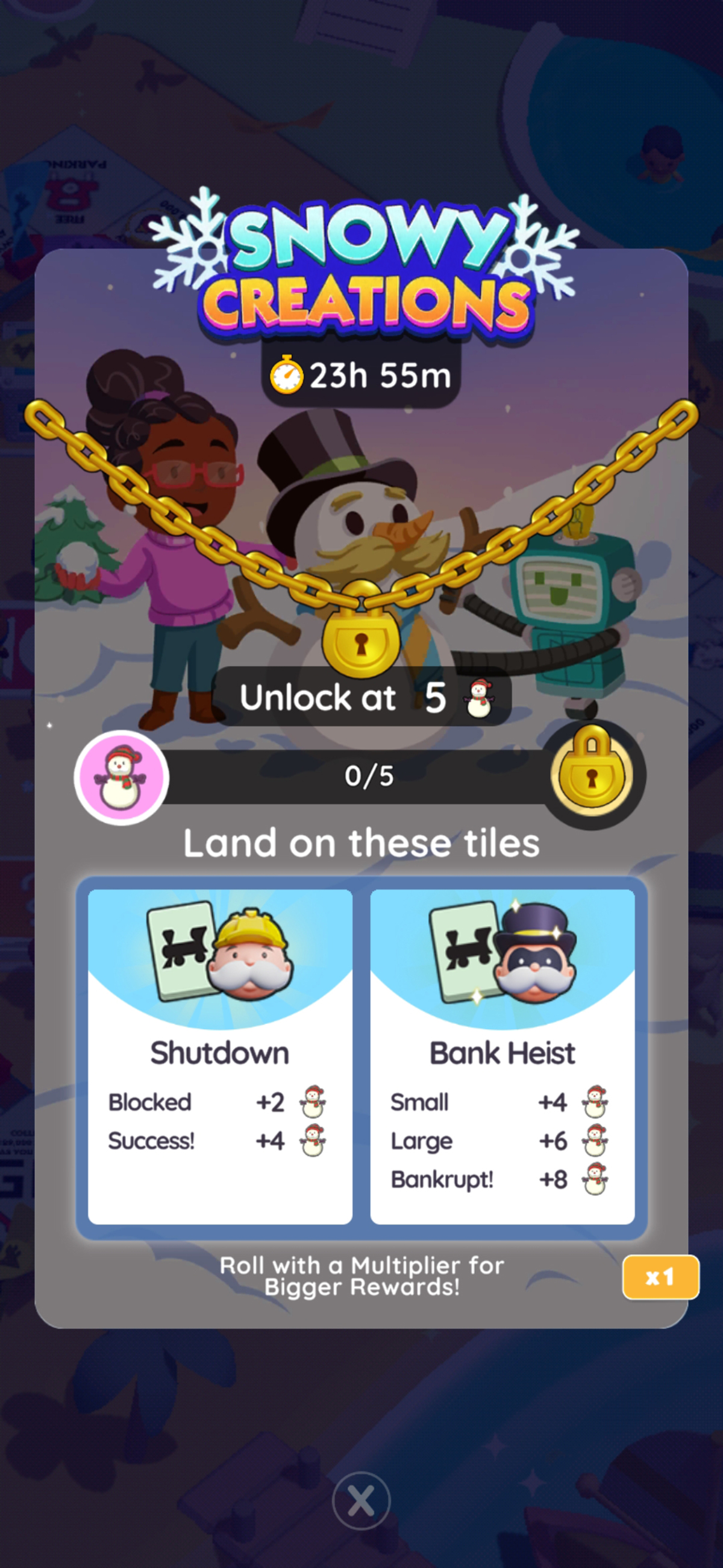 An image for the Snowy Creations tournament in Monopoly GO, as part of an article on all the rewards, milestones, and other prizes players can get.