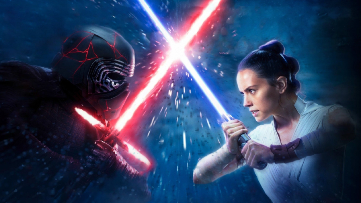 Star Wars promo art of Rey and Kylo Ren duelling