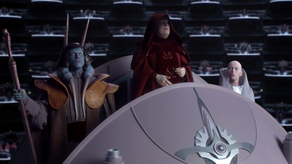 Palpatine addresses the senate in Star Wars: Revenge of the Sith. This image is part of an article about Star Wars' Vietnam War allegory, explained
