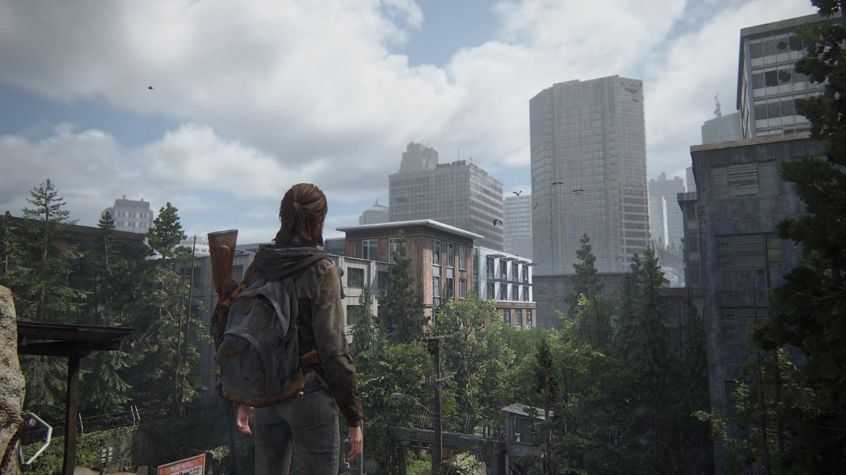 A woman looks out towards a post-apocalyptic city.