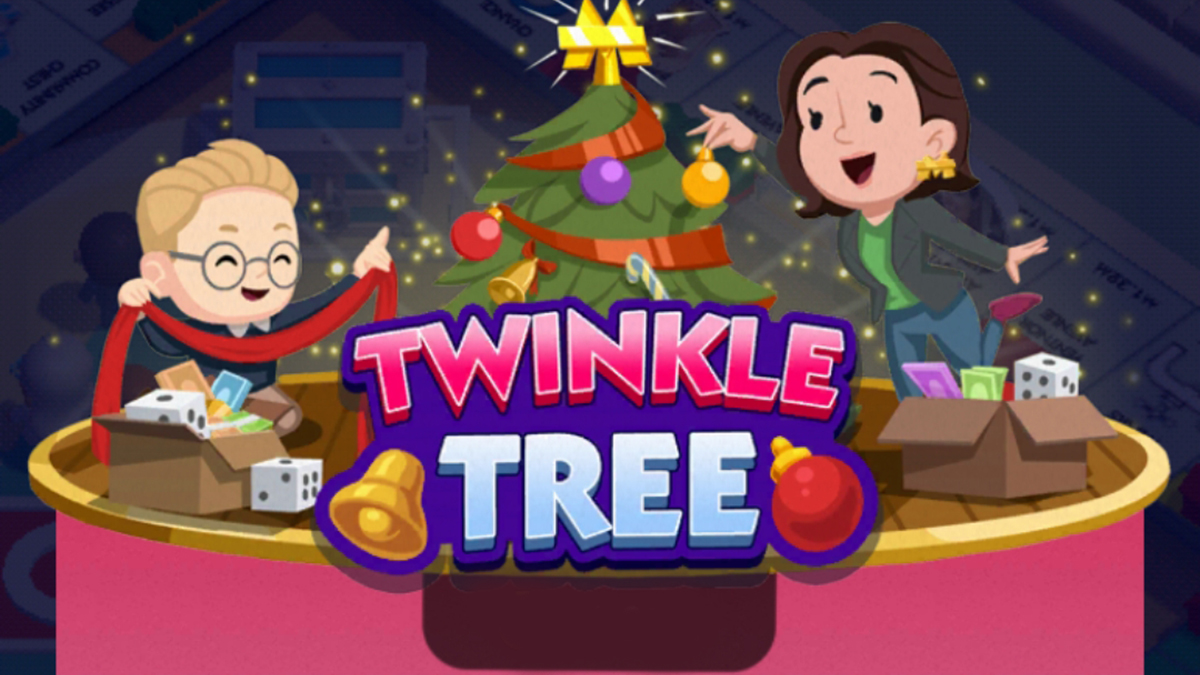 A header-sized image for the Twinkle Tree event in Monopoly GO. The image shows a young child with blonde hair wrapping tinsel around a Christmas tree while a woman with dark hair hangs ornaments.