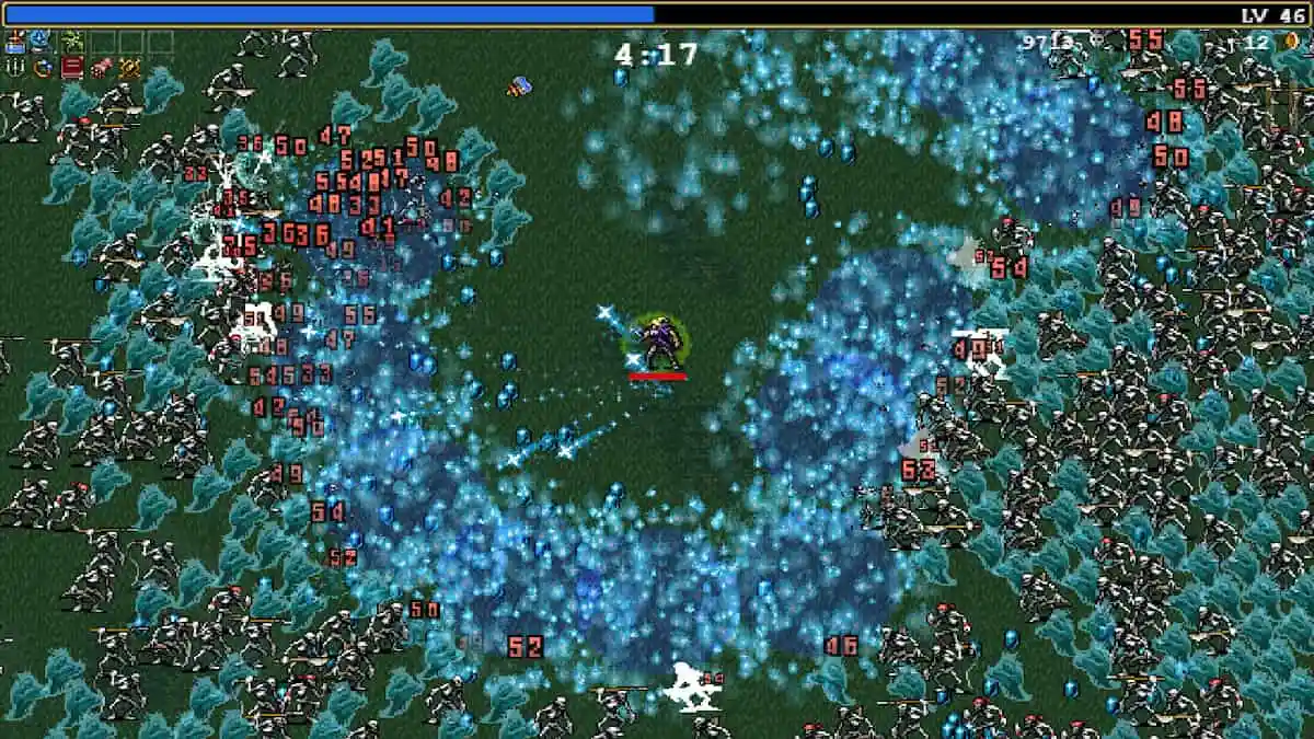 Image of undead magician using blue fire to burn away swarm of enemies in a green field in Vampire Survivors.