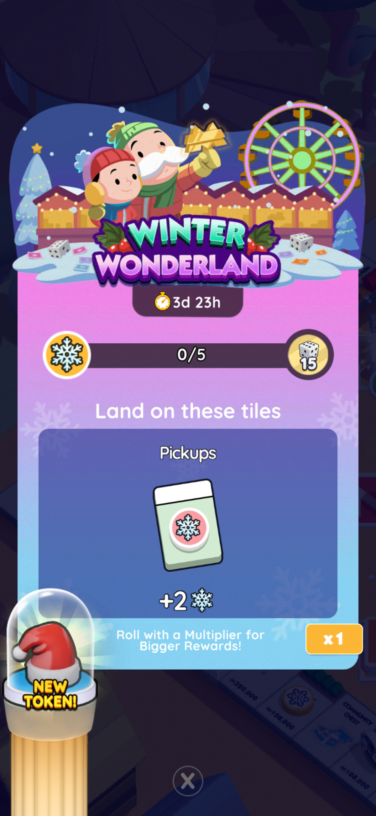 A header for the Winter Wonderland event in Monopoly GO showing Rich Uncle Pennybags holding a child and looking at a golden M. This article is part of all the prizes, rewards, and milestones you can get for the Winter Wonderland event in Monopoly GO, listed.