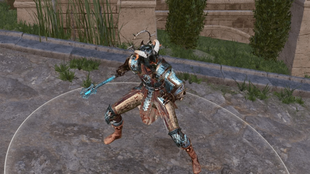 A fighter prepares to strike while wearing Adamantine Splint Armor