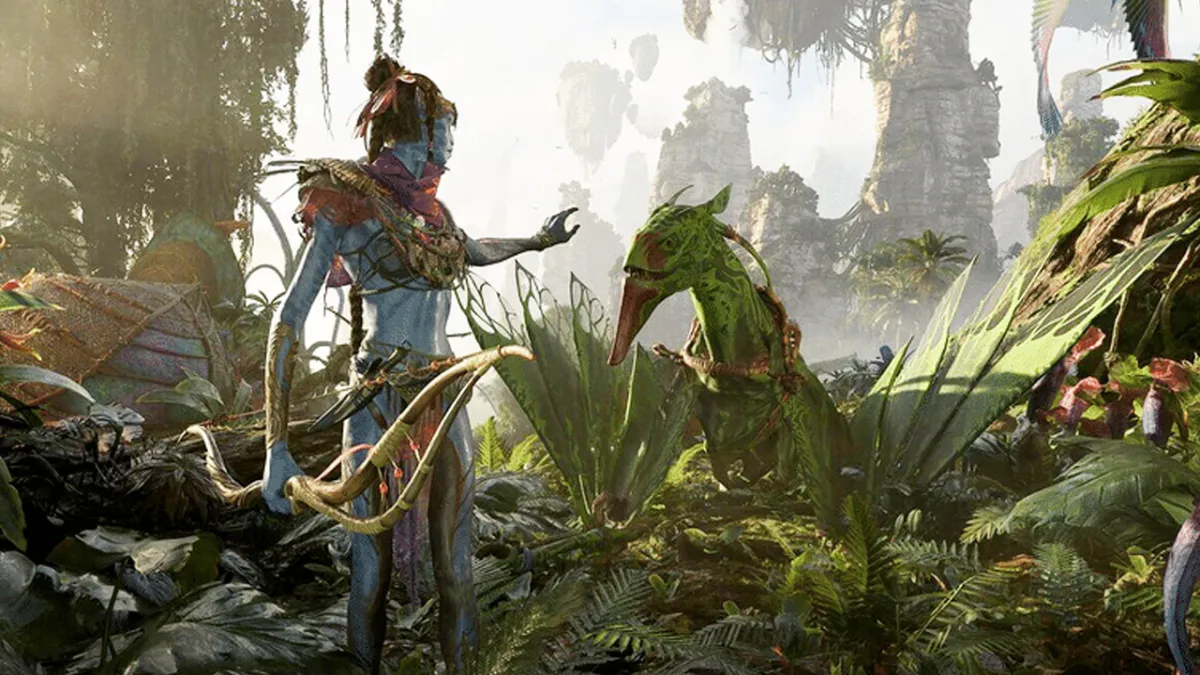 A Na'vi reaching towards a flying animal.