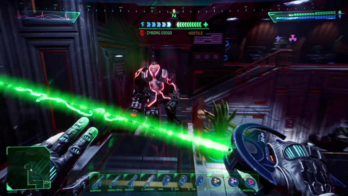 A character holding a laser sword in System Shock. This image is part of an article about the best horror games of 2023.