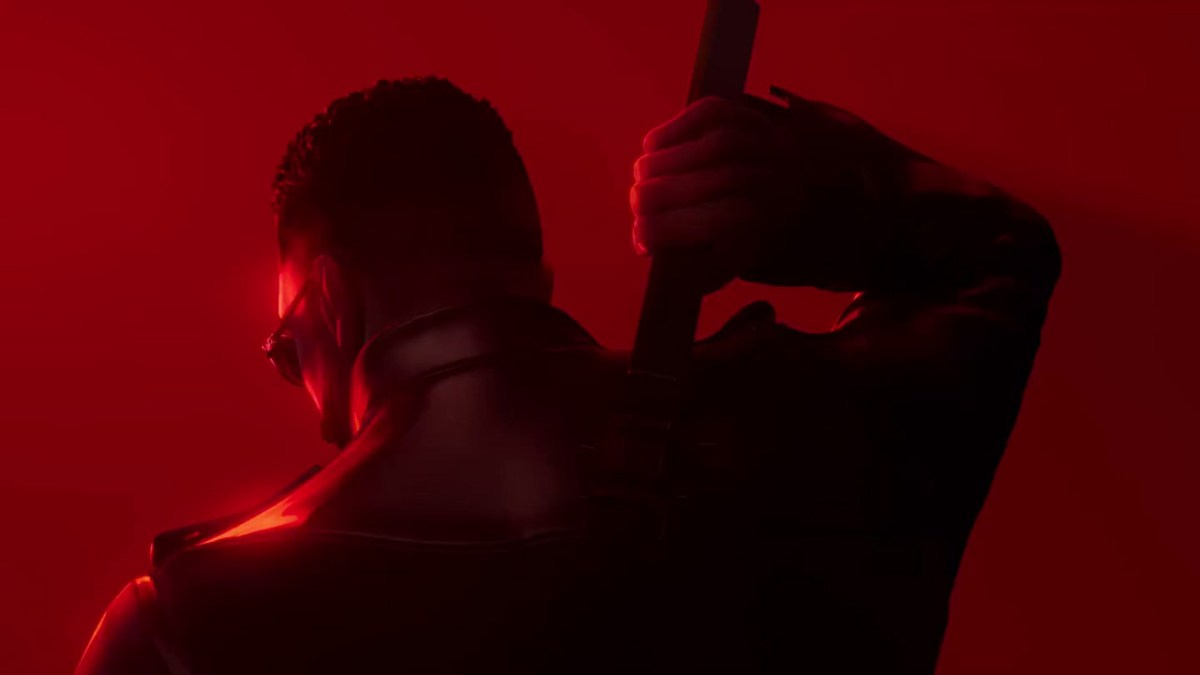 A silhouetted figure, reaching for a sword on his back.
