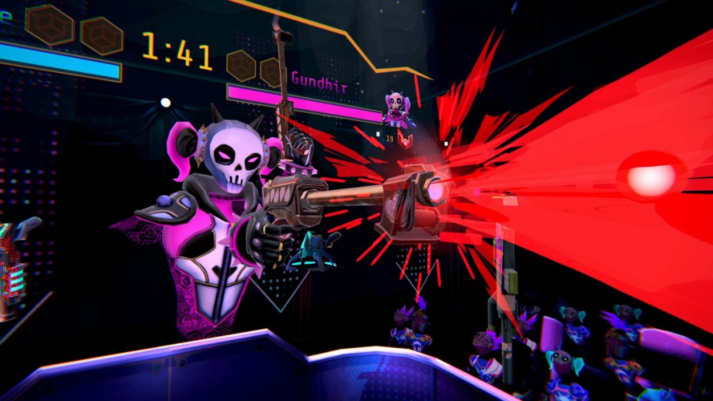A header for Blaston that shows a woman dressed up like a skeleton shooting two rifles. The screen behind her identifies her as Gundhir. The image is part of an article on the best fitness games for the Meta Quest.