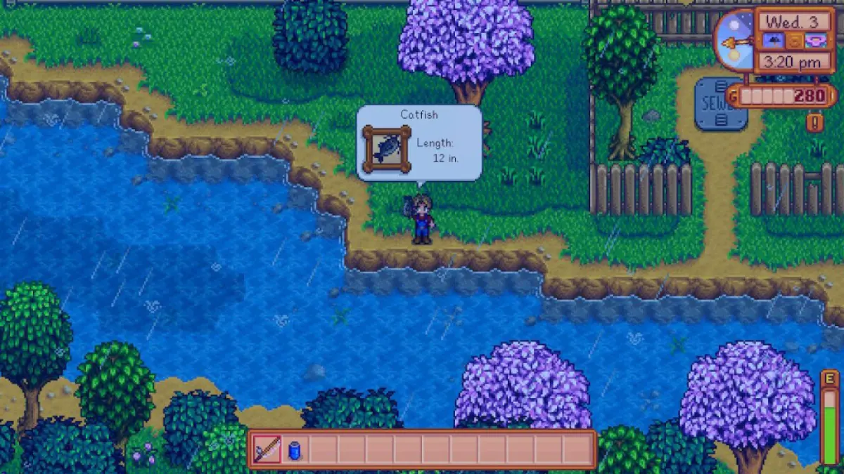 Player catches catfish at a river in Stardew Valley.