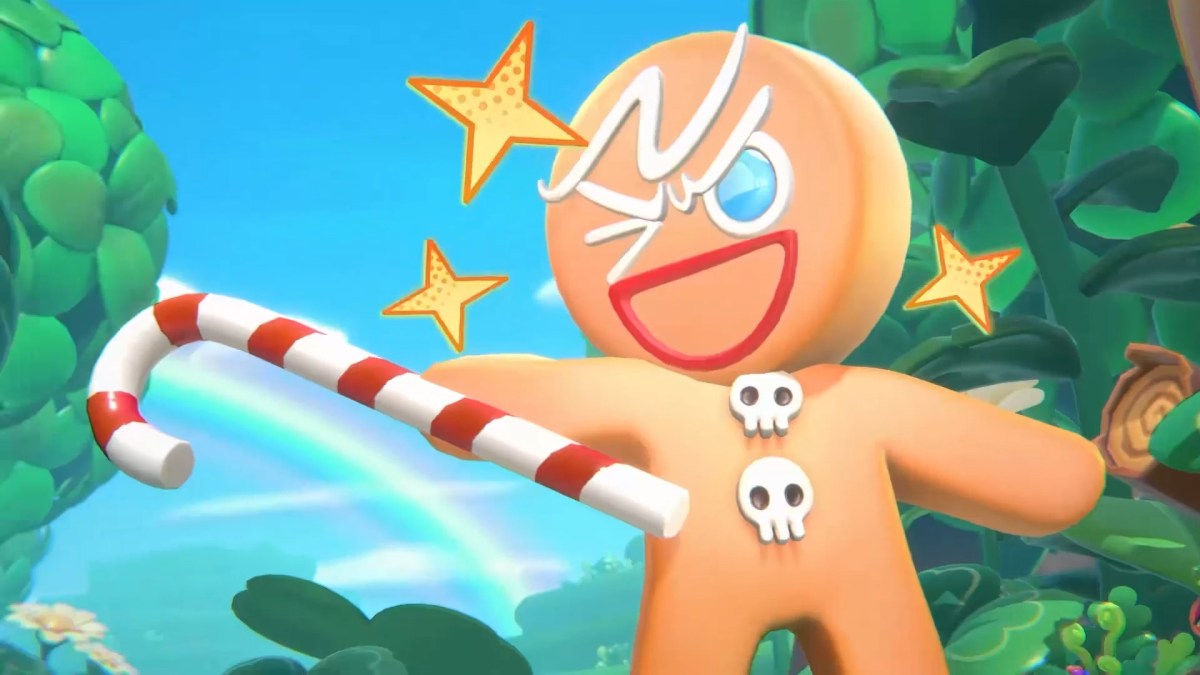 A header image for Cookie Run: Kingdom showing GingerBrave pointing a candy cane off-screen. The image was originally used as part of an article on all the voice actors and cast list for Cookie Run: Kingdom.