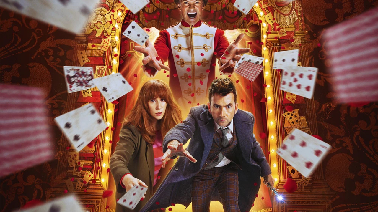 Doctor Who's The Giggle, with the Doctor and Donna, the Toymaster looming over them.