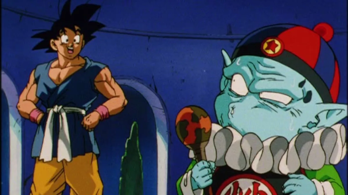 Goku reunites with Emperor Pilaf. This image is part of an article about whether Dragon Ball GT is still canon.