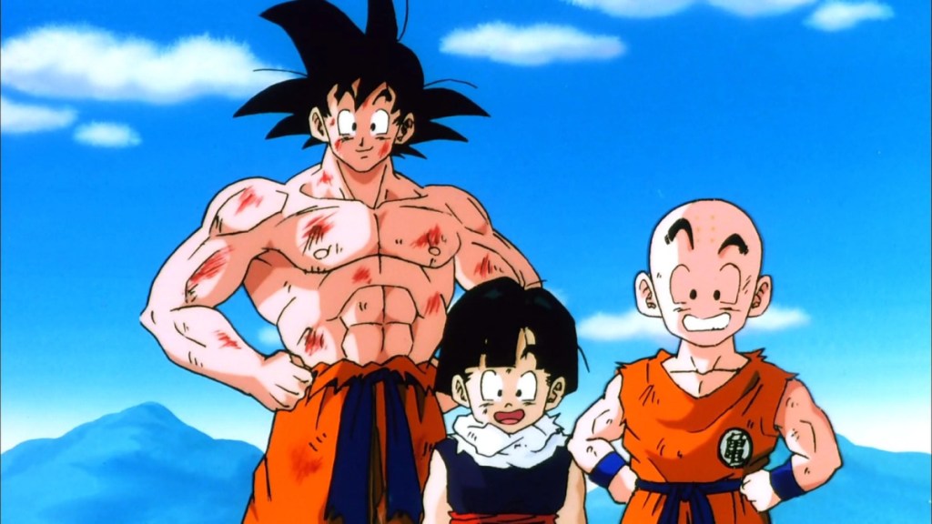 Goku está junto a Gohan y Krilin.