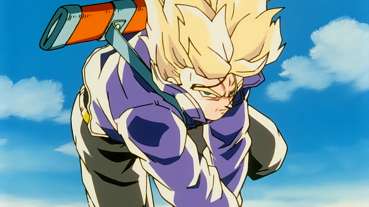 Trunks swinging his sword. This image is part of an article about how Dragon Ball Z and Kai are different.