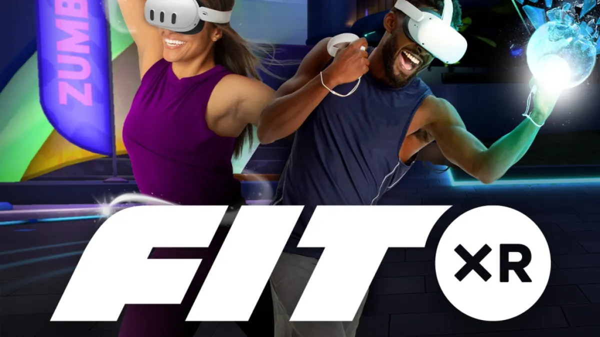 Header image from FitXR as part of an article about the best Meta Quest games for fitness. The image shows a woman doing a circular motion and a man doing an uppercut.