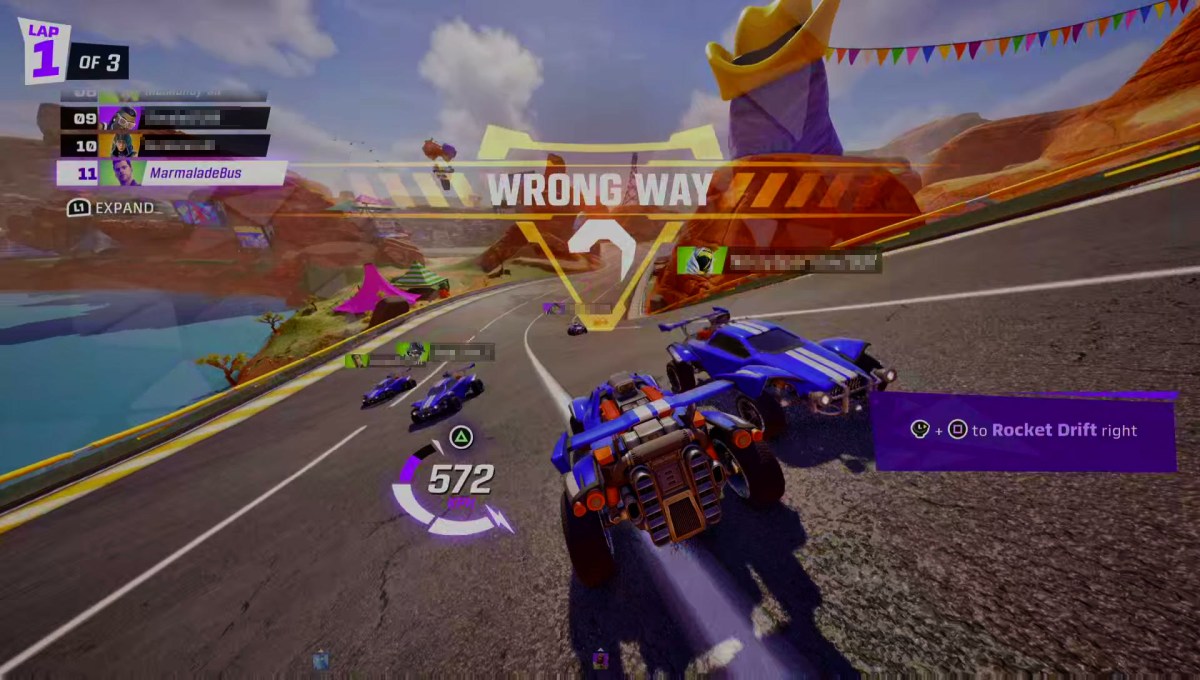 A car driving the wrong way in Fortnite Rocket Racing track, slamming into other cars. 