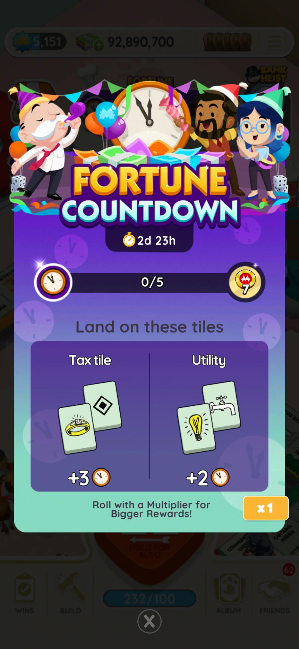 A full-sized image for the Fortune Countdown event in Monopoly GO showing Mr. Monopoly partying with some friends around a giant clock with streamers. The image is part of a list of all the rewards and milestones in the Fortune Countdown event in Monopoly GO.