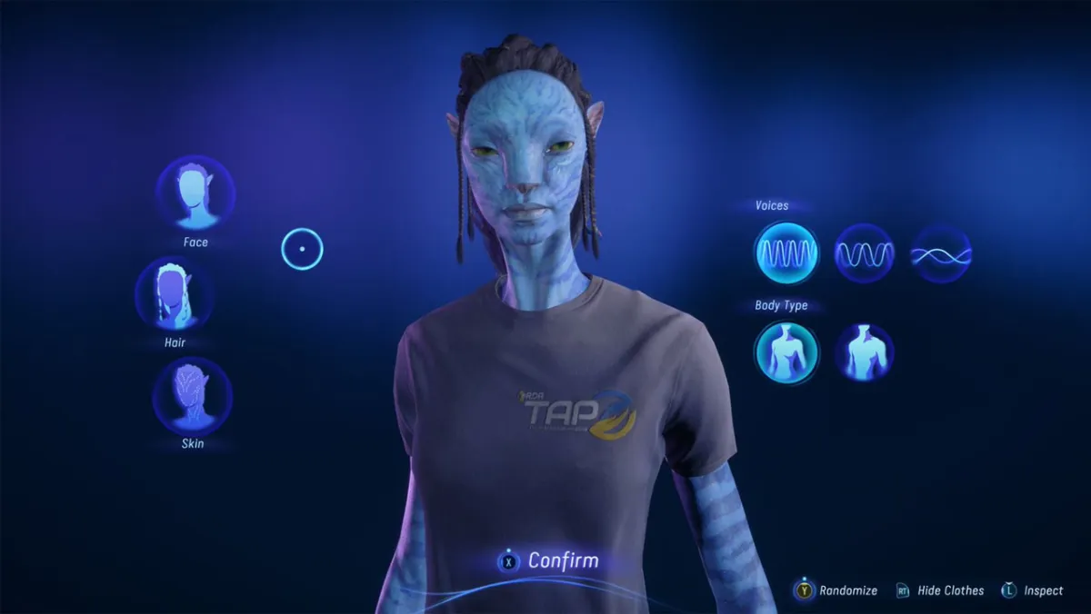 A Na'vi woman wearing a 'TAP' t-shirt. There are buttons around her marked face, hair, skin, body type and voices. 
