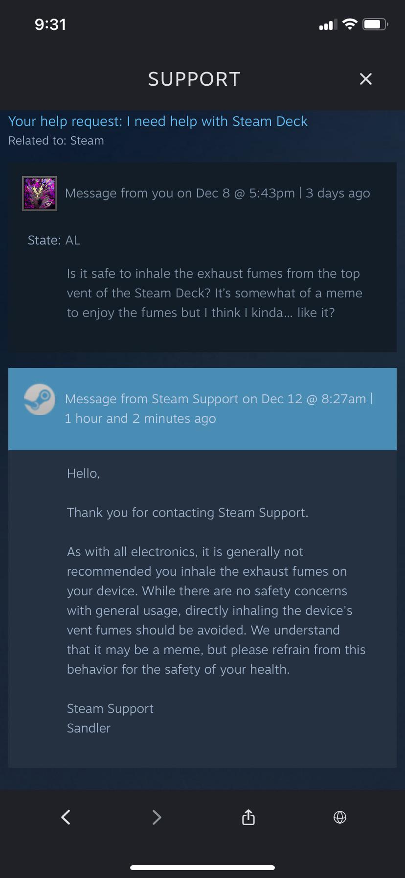A comment from Steam Support about Valve saying not to inhale Steam Deck exhaust fumes.