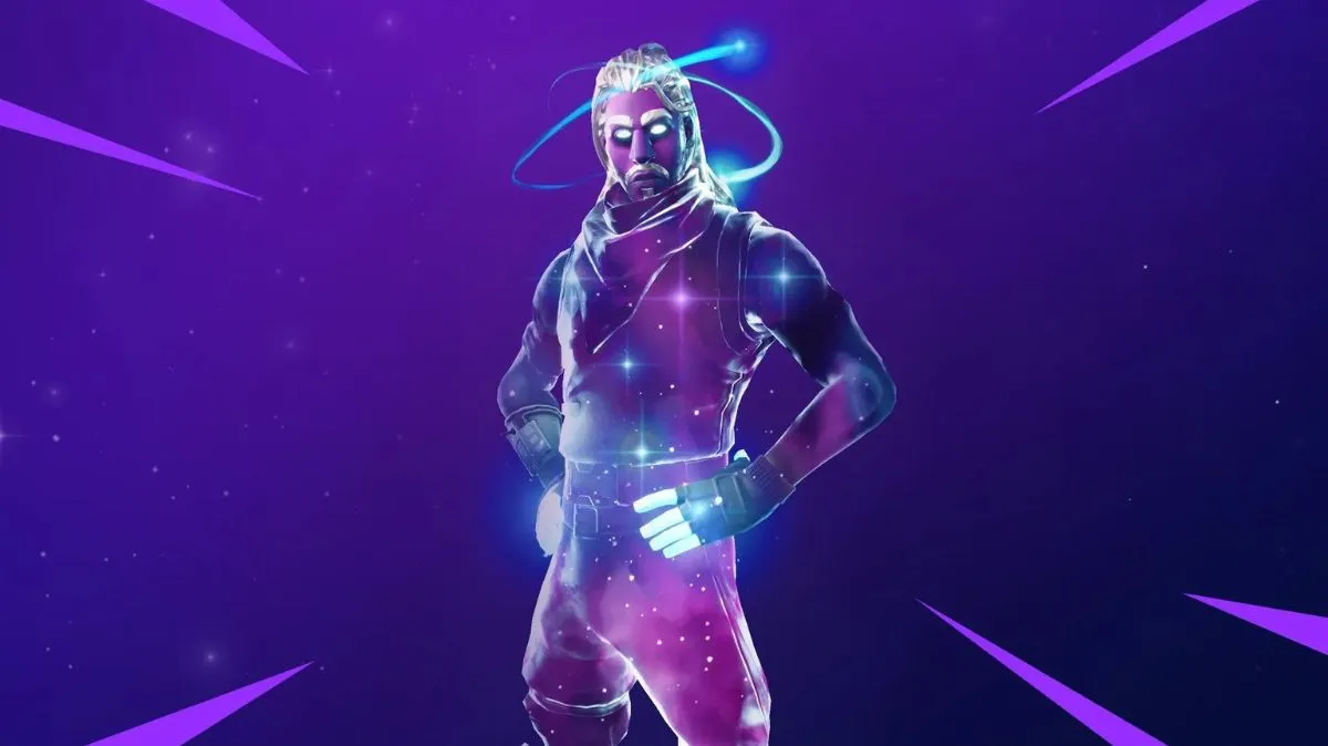 The Galaxy skin in Fortnite.  This image is part of an article about the rarest skins in Fortnite.