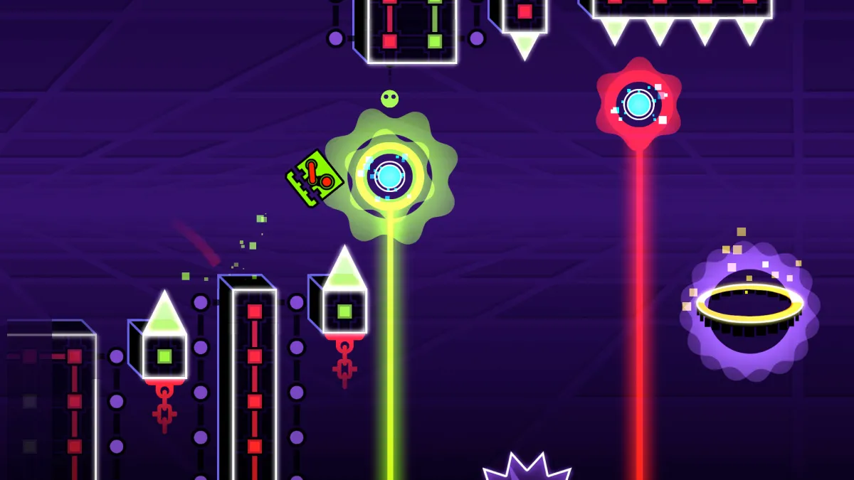 A header image for Geometry Dash showing the player character, a square, going through an obstacle course.