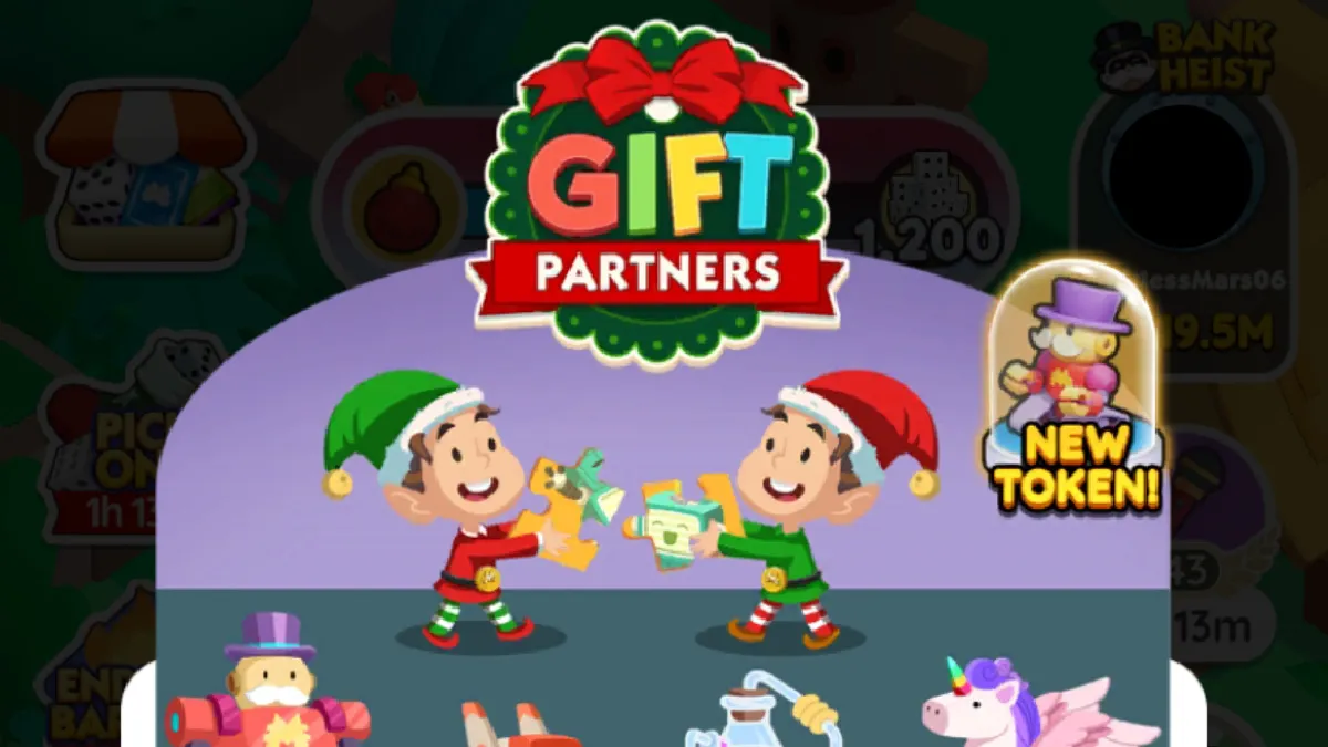 A header for the Gift Partner event in Monopoly GO showing two elves exchanging fits.