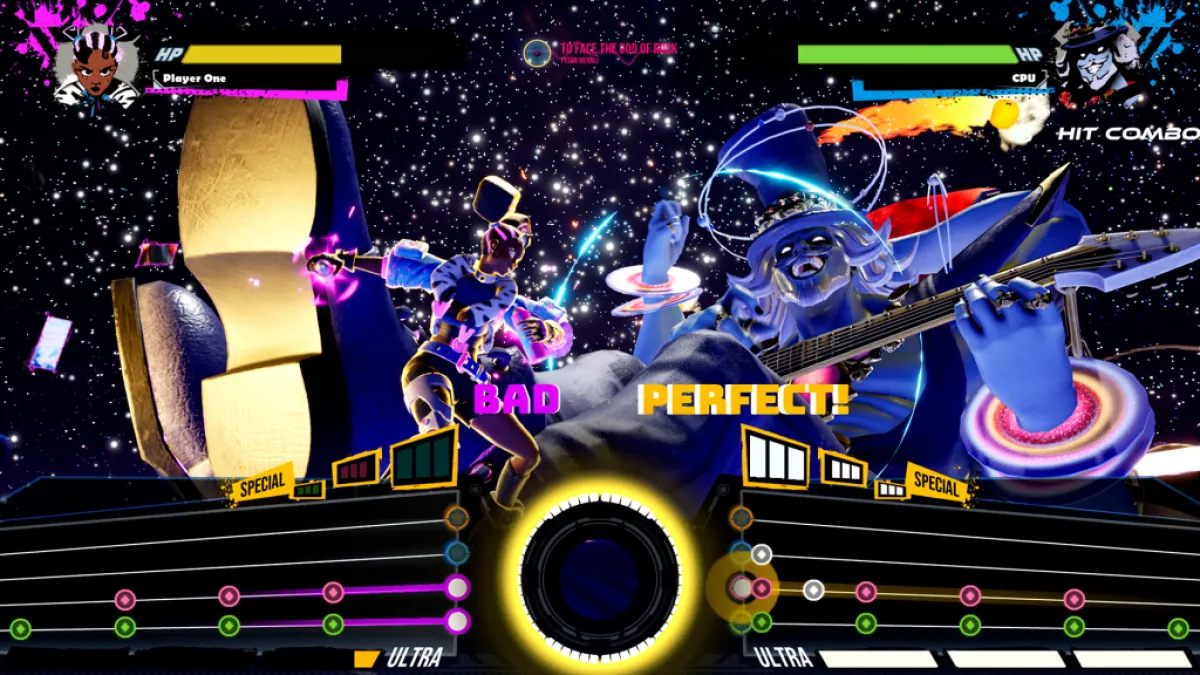 Two players fighter over a song in God of Rock. This image is part of an article about the best fighting games of 2023.
