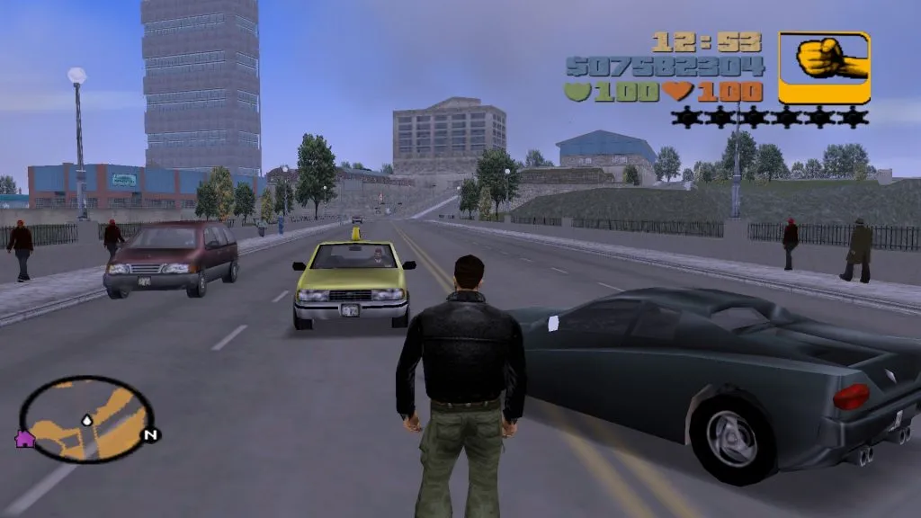 Cars on a road in GTA 3. 