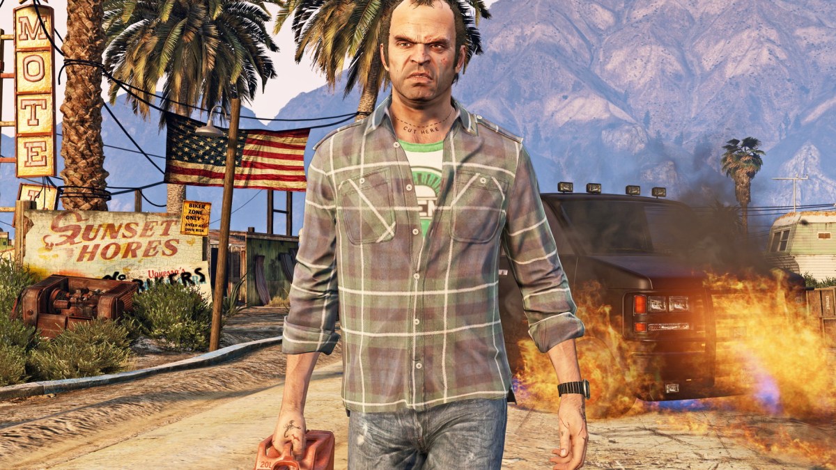 Trevor in Grand Theft Auto 5, a man holding a petrol can and walking away from a fire.