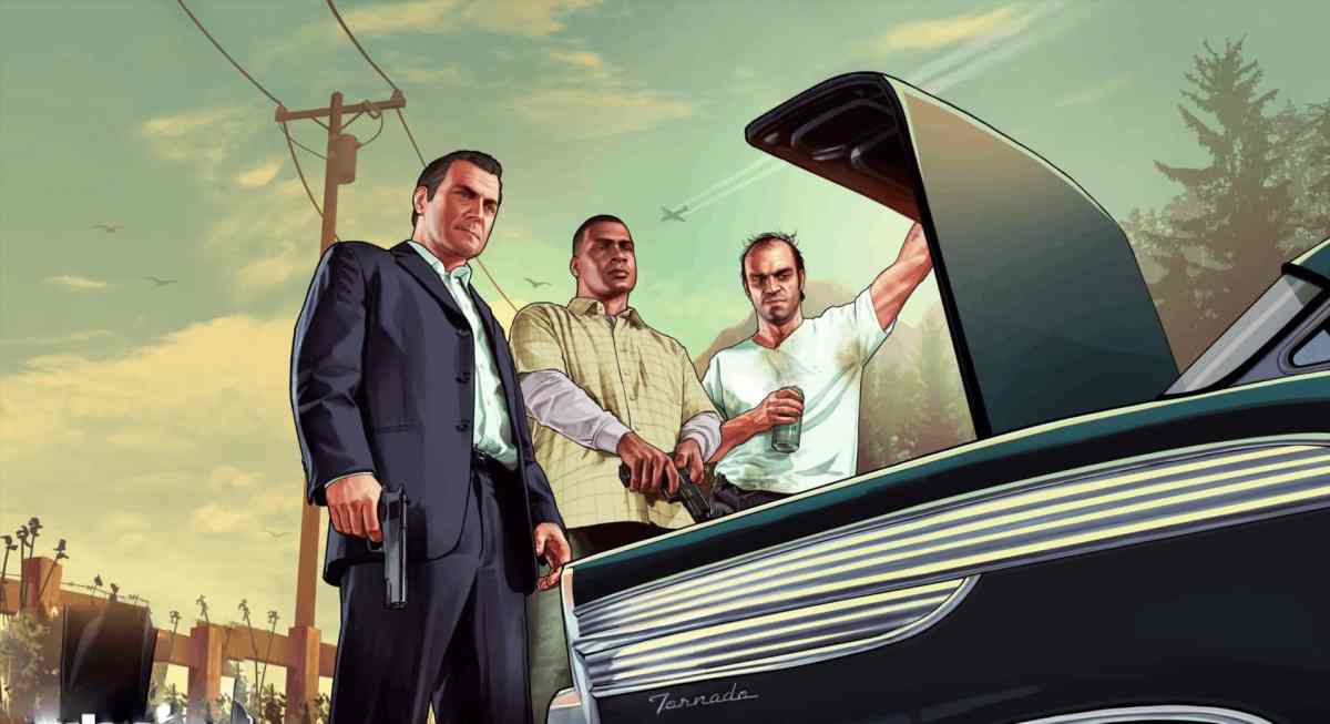 Three cel-shaded men looking into the boot of a car. This image is part of an article about all voice GTA 5 actors and cast list.