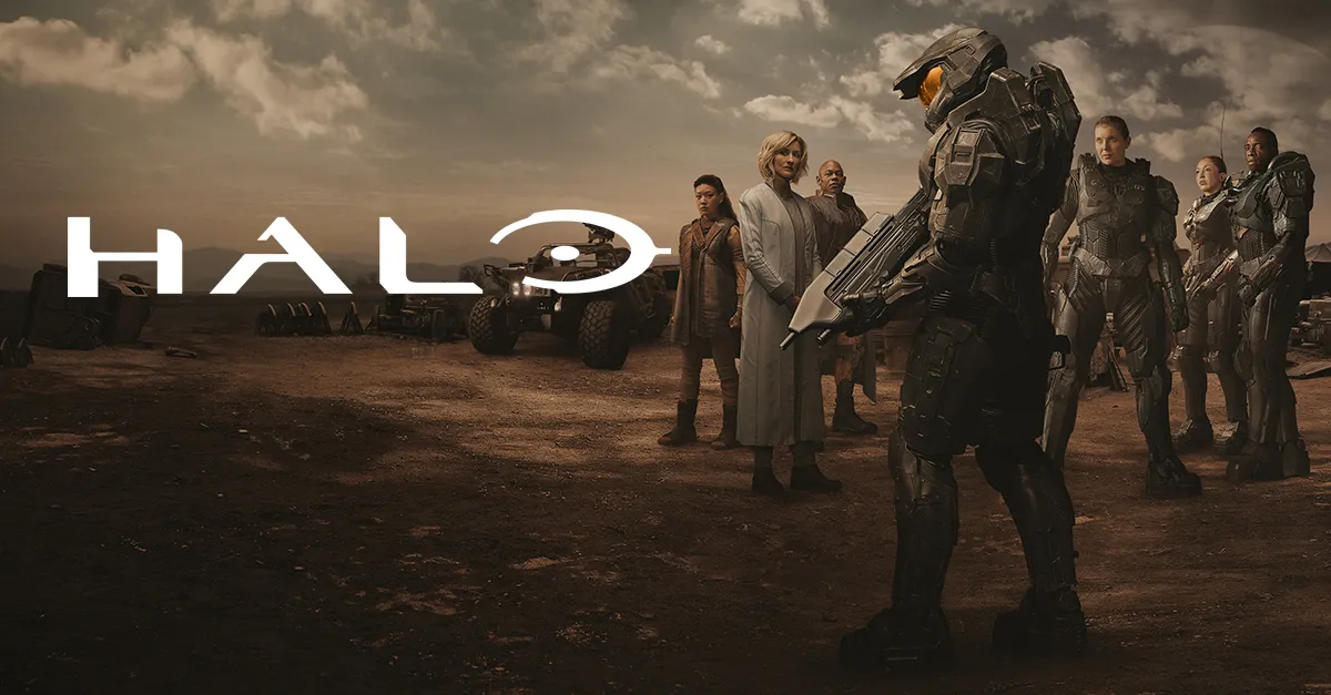 A picture of Paramount's series, with Master Chief and the cast looking on.