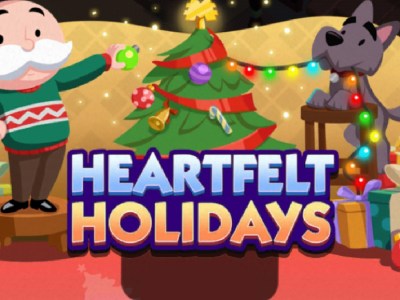 A header-sized image for the Heartfelt Holidays event in Monopoly GO. The image shows Rich Uncle Pennybags and a dog decorating a Christmas tree with lights.
