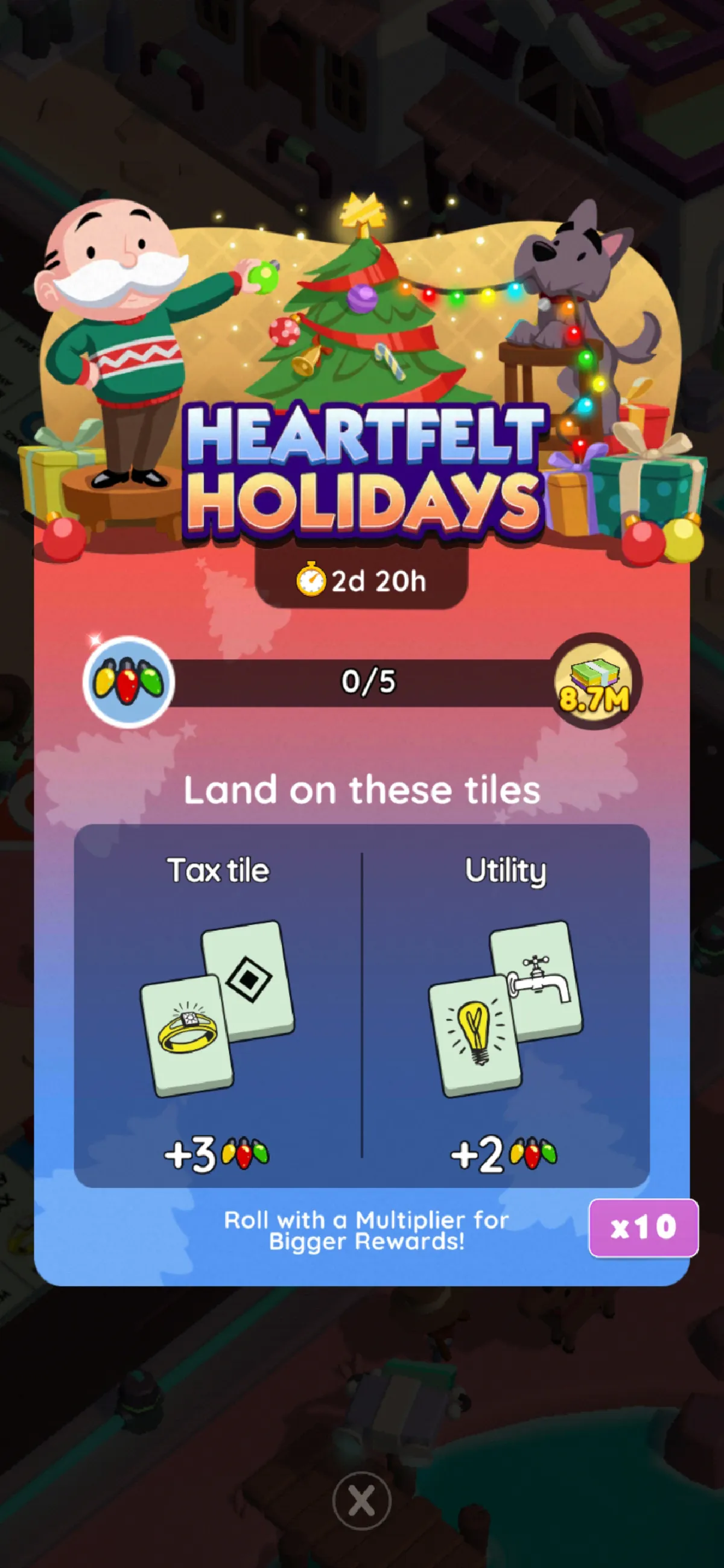 A header-sized image for the Heartfelt Holidays event in Monopoly GO. The image shows Rich Uncle Pennybags and a dog decorating a Christmas tree with lights. The article this image is a part of goes through all the rewards, milestones, and prizes you can get for the Heartfelt Holidays event in Monopoly GO.