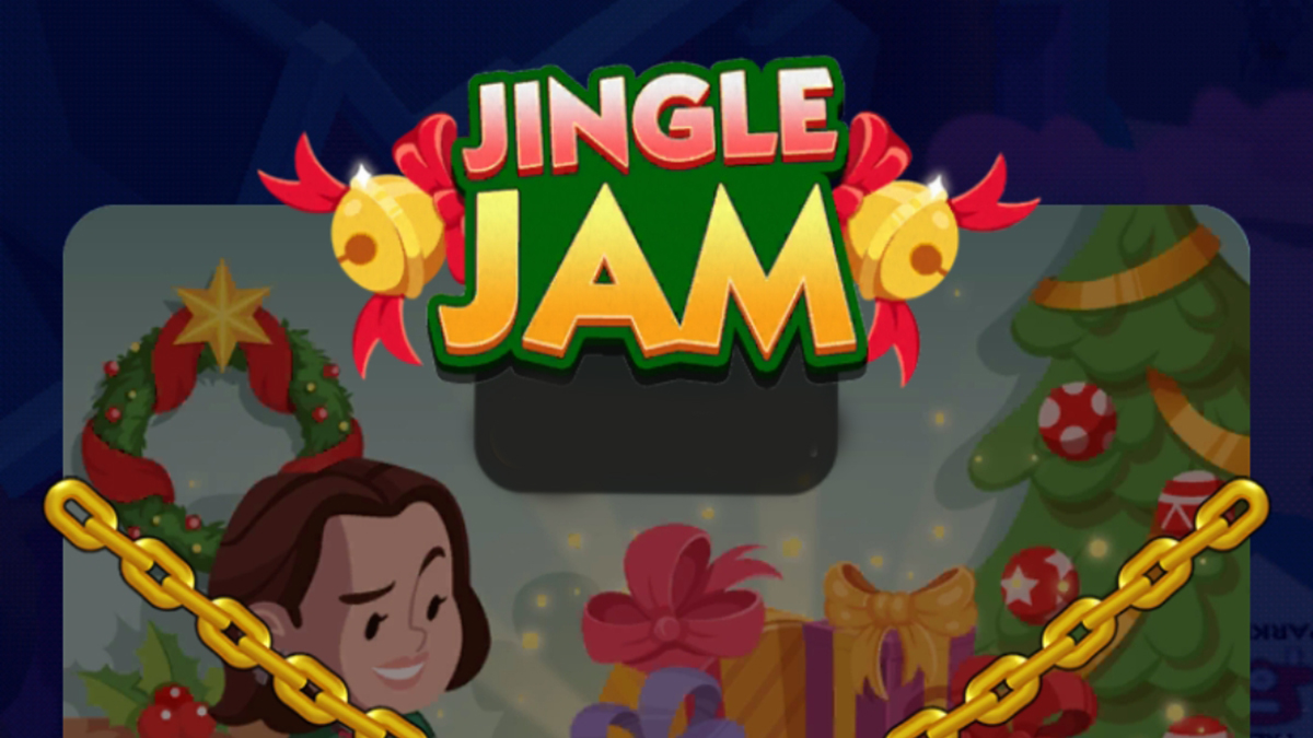 A header for the Jingle Jam event in Monopoly GO showing the logo for the event and a woman looking at presents on a piano.