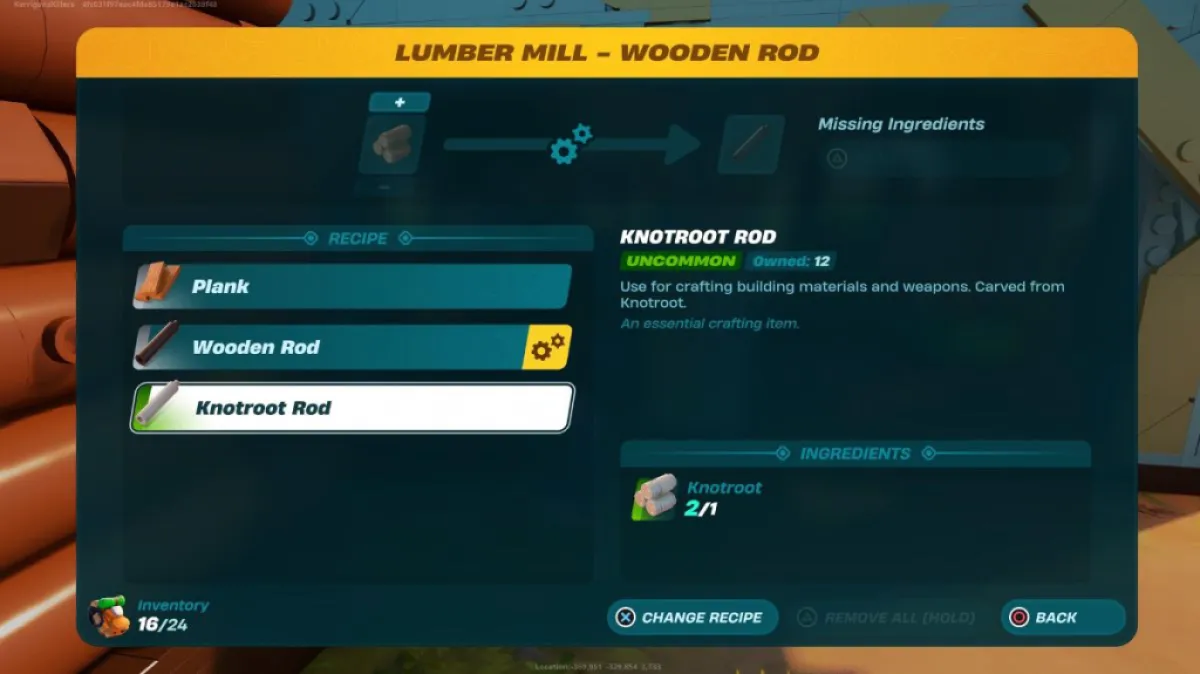 Knotroot Rods in LEGO Fortnite as part of a guide on how to make them in the game. The image shows a menu screen for turning Knotroot Wood into Knotroot Rods.
