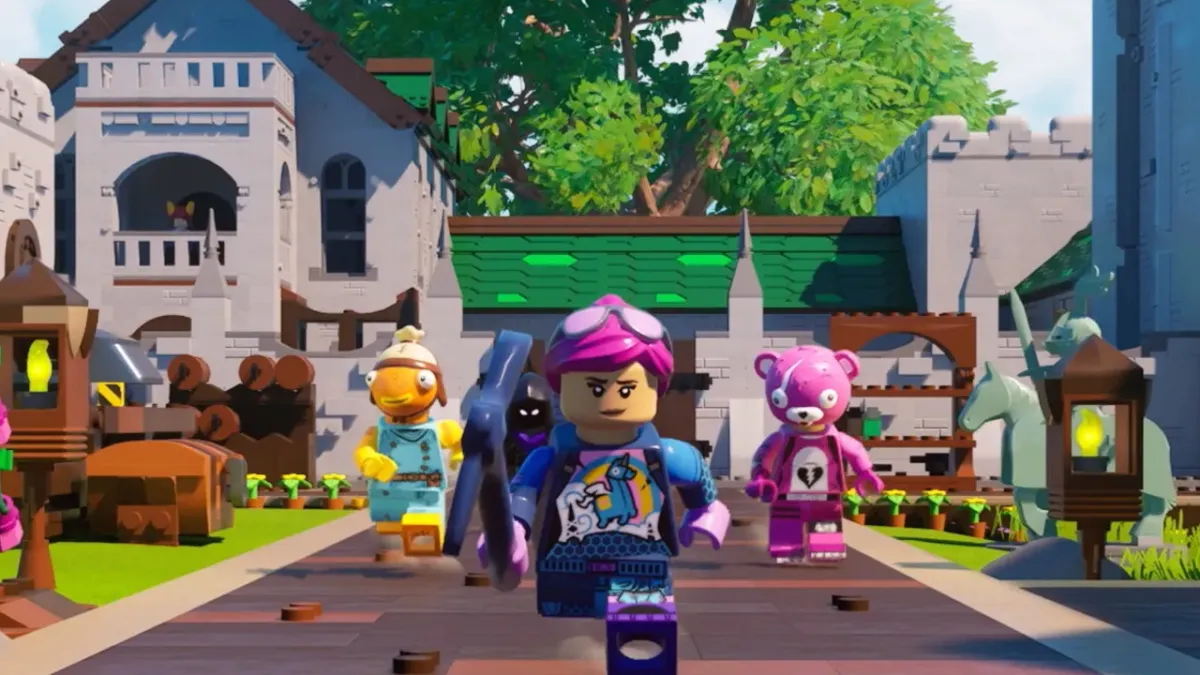 A Lego figure running along the road in Lego Fortnite. Other characters are around them.