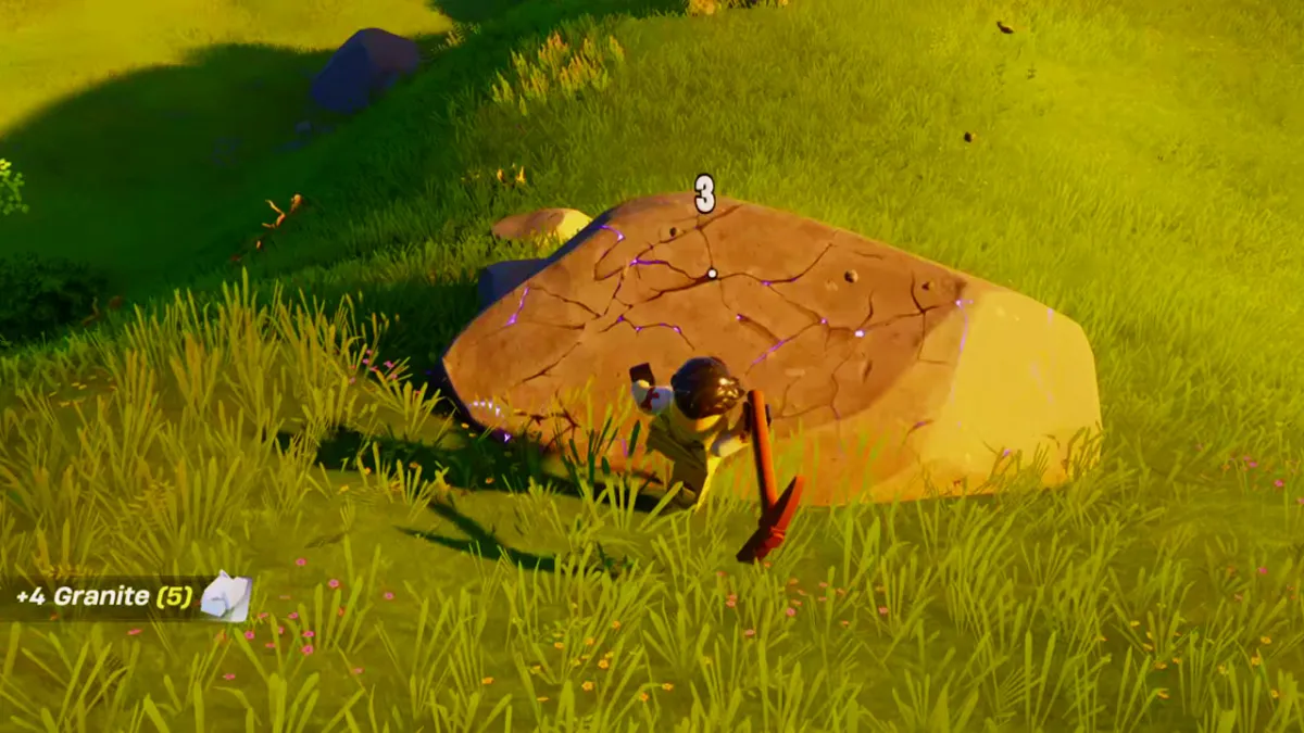 A Lego Fortnite character smashing a rock with a pickaxe.