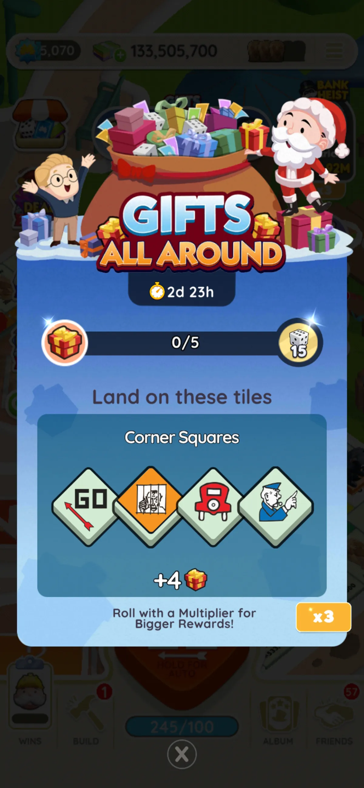 A full-sized image for the Gifts All Around event in Monopoly GO showing Mr. Monopoly taking a gift out of a giant bag full of presents while a child looks on. The image is part of all the rewards and milestones you can get for the Gifts All Around event in Monopoly Go as well as tips and tricks for how to play.