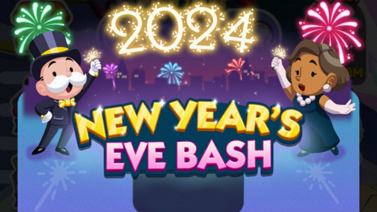 A header for the New Year's Eve Bash event in Monopoly GO that shows Mr. Monopoly celebrating with a posh looking woman.