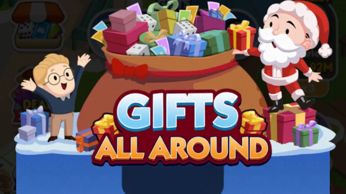 A header for the Gifts All Around event in Monopoly GO showing Mr. Monopoly taking a gift out of a giant bag full of presents while a child looks on.