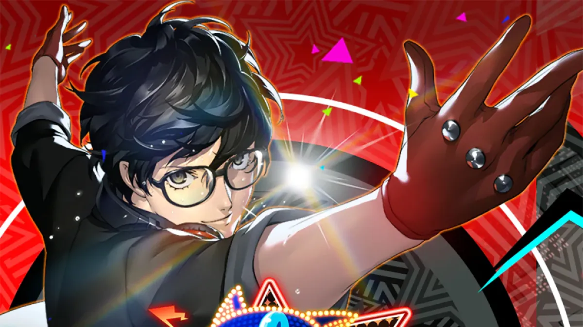 An image of Persona 5: Dancing Starlight as part of a list ranking all the games in the franchise from worst to best. This image shows Joker, a young man with dark hair and classes, striking a pose against a red background covered in stars.