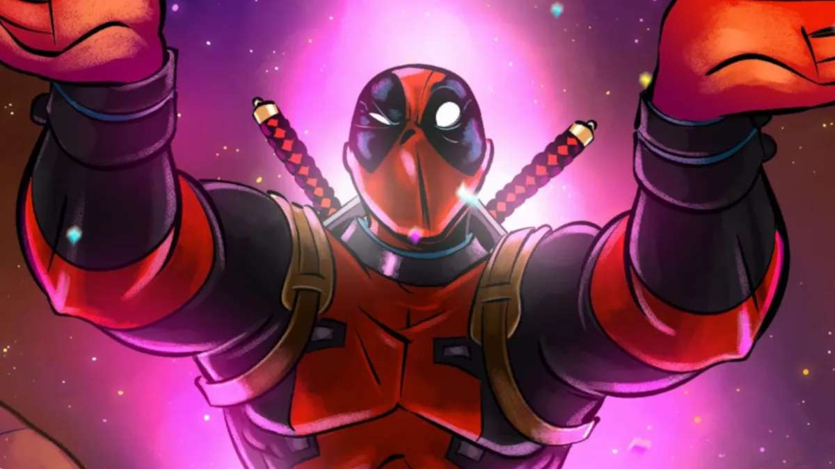 close up of the penny arcade deadpool variant in marvel snap