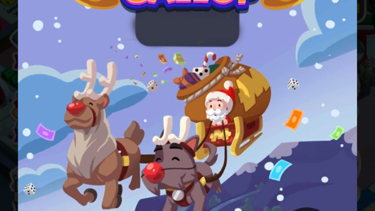 A header-sized image for the Reindeer Gallop event in Monopoly GO showing Rich Uncle Pennybags riding Santa's Sleigh and dressed like him.