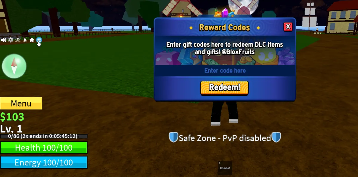 An image from Blox Frutis in Roblox showing the main screen with the GUI and a pop-up for how to redeem codes, which is part of an article listing all the codes available.