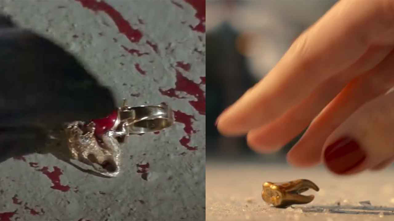 Two hands, reaching for a gold tooth and a ring respectively, in Doctor Who and Flash Gordon.