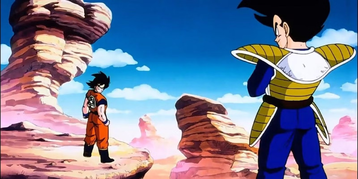 Goku facing Vegeta in Dragon Ball Z.