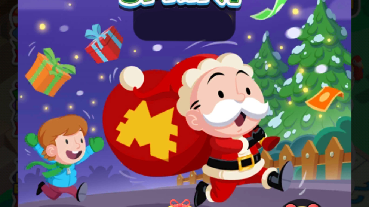 A header image for the Santa's Sprint event in Monopoly GO that shows Mr. Monopoly running around dressed up as Santa Claus while a child chases him.