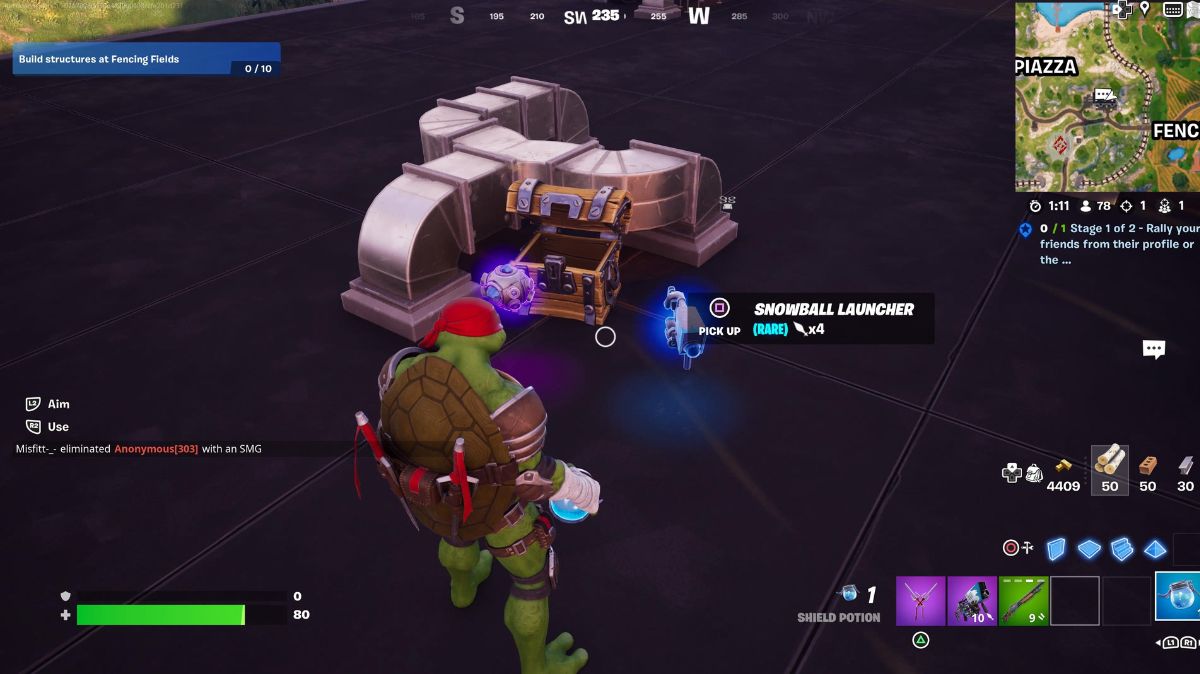 A Snowball Launcher outside a chest in Fortnite.